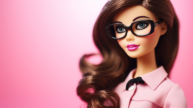 Retrato de muñeca Barbie con cabello castaño y gafas contra fondo rosa