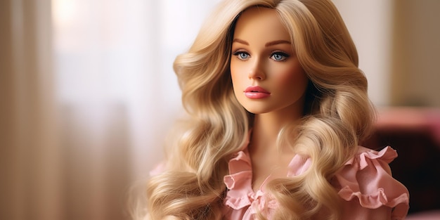 Retrato de una muñeca Barbie con cabello rubio suelto