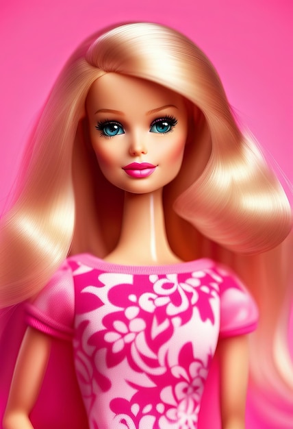 Retrato de muñeca Barbie en una ilustración de fondo rosa