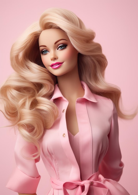 Retrato de muñeca barbie rosa chica rubia sobre fondo rosa claro mujeres bonitas