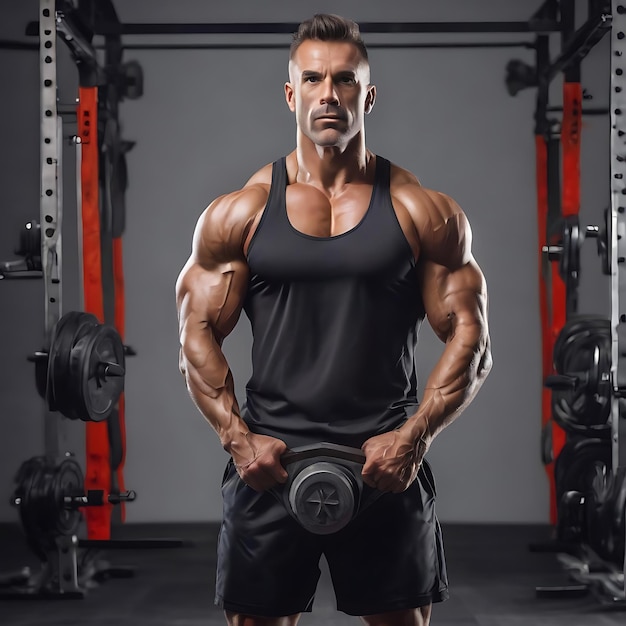 Retrato de un musculoso y guapo culturista en ropa deportiva de pie con los brazos cruzados en un estudio