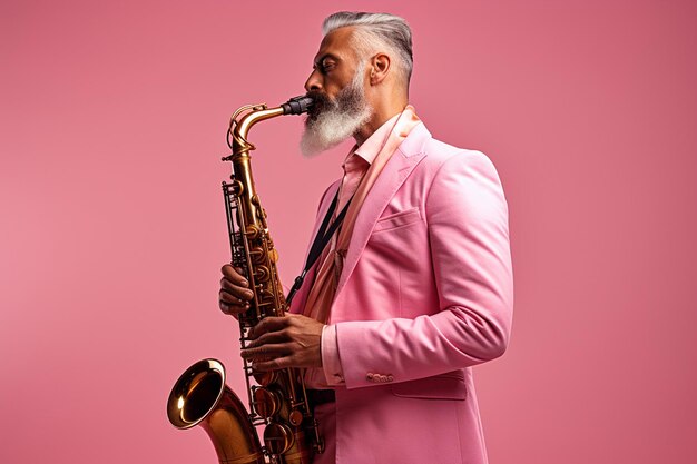 Retrato de músico profesional saxofonista hombre de traje toca música jazz en saxofón w