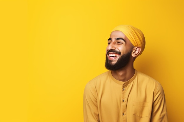 Retrato de un musulmán feliz con turbante sobre fondo amarillo