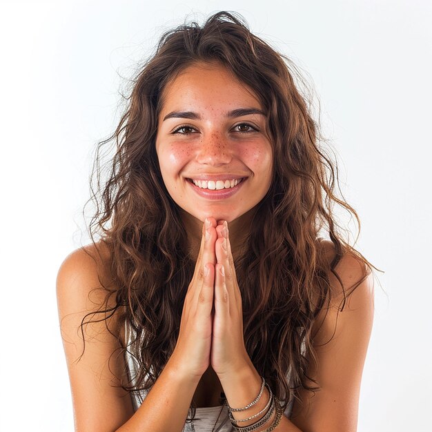 Foto retrato de namaste grace mujer sonriente con blanco aislado