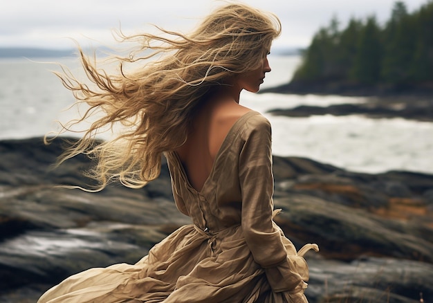 Retrato natural de una mujer bonita en la playa con el pelo largo soplando en el viento Concepto de belleza IA