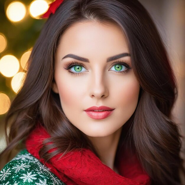 Retrato navideño de una hermosa mujer morena de ojos verdes