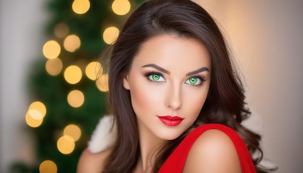 Retrato navideño de una hermosa mujer morena de ojos verdes