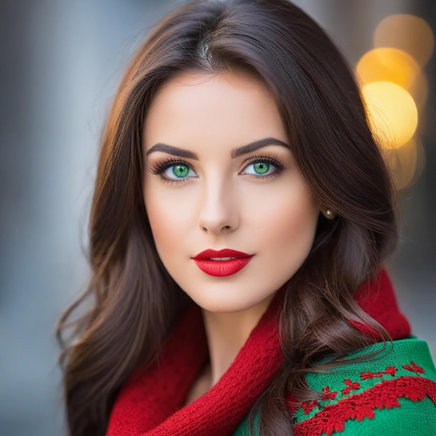 Retrato navideño de una hermosa mujer morena de ojos verdes