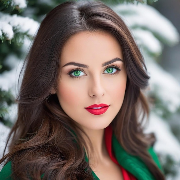 Retrato navideño de una hermosa mujer morena de ojos verdes