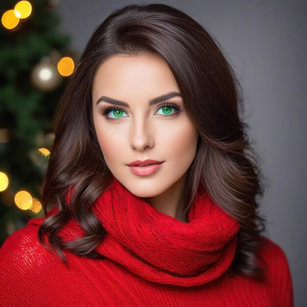 Retrato navideño de una hermosa mujer morena de ojos verdes