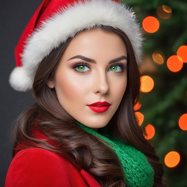 Foto retrato navideño de una hermosa mujer morena de ojos verdes