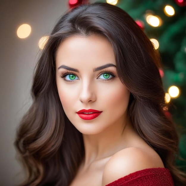Retrato navideño de una hermosa mujer morena de ojos verdes
