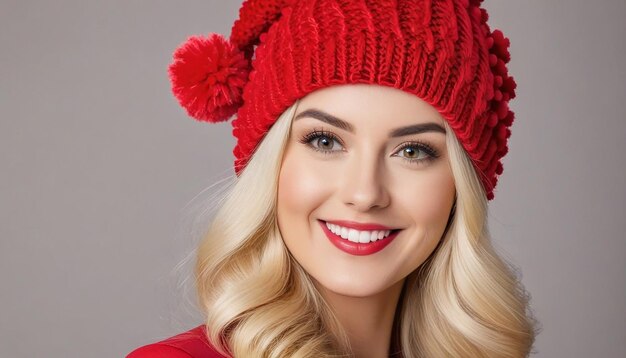 Retrato navideño de una hermosa mujer rubia sonriente con un sombrero rojo con pompones