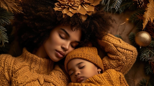 Foto retrato navideño de una madre y un niño durmientes en la cama