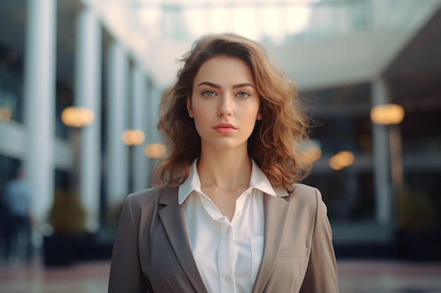 Retrato de negocios al aire libre en la ciudad frente a una moderna empresa de marketing de alta tecnología, agencia bancaria corporativa