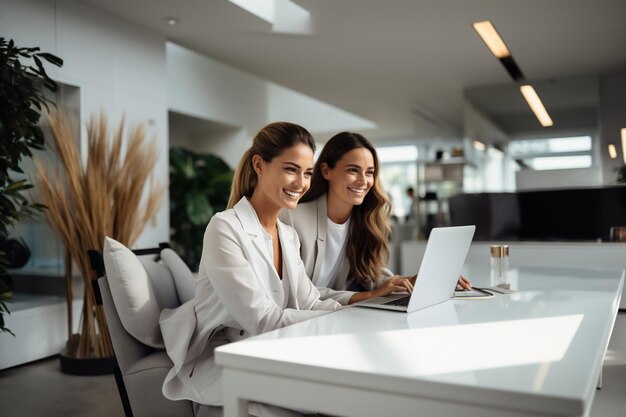 Foto retrato de negocios de dos mujeres felices riendo en la oficina en el escritorio y trabajando en una computadora