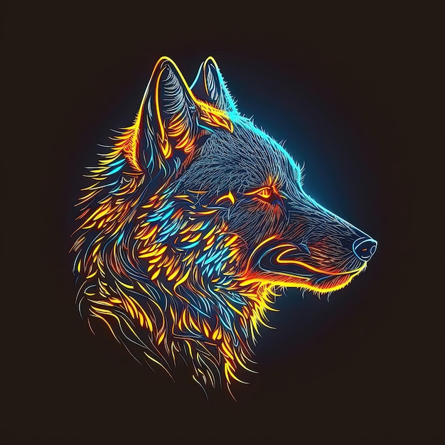 Retrato de neón colorido abstracto de la cabeza de un lobo sobre un fondo negro Ai generado