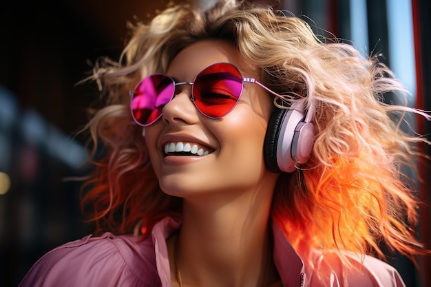 Retrato neon de uma mulher sorridente com fones de ouvido, óculos de sol, camiseta branca, ouvindo música