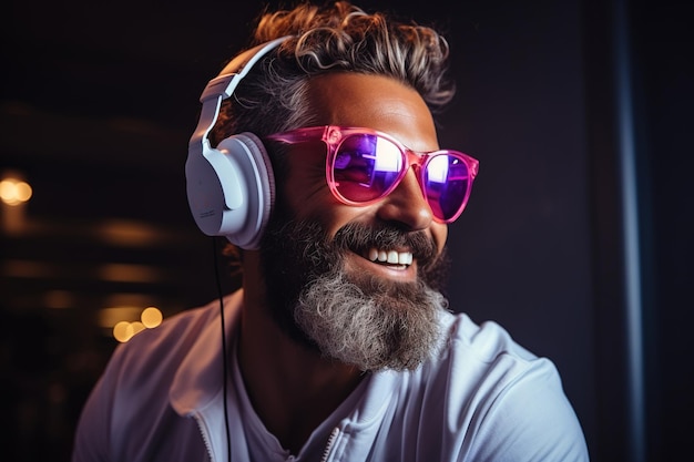 Retrato de neón de un hombre barbudo sonriente con auriculares, gafas de sol, camiseta blanca escuchando música