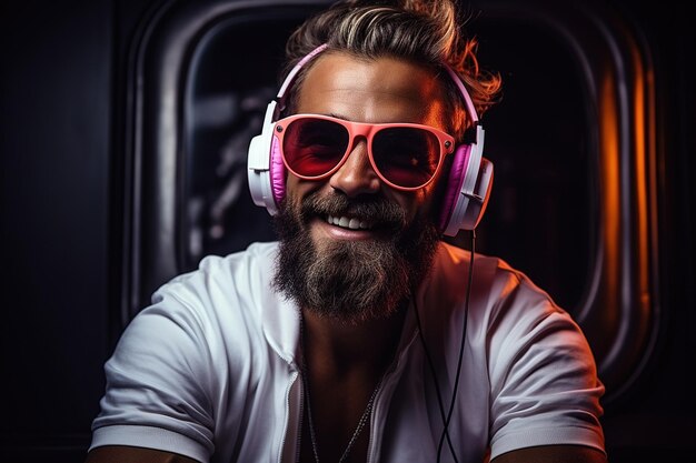 Retrato de neón de un hombre barbudo sonriente con auriculares, gafas de sol, camiseta blanca escuchando música