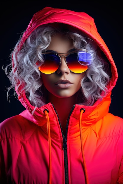 Retrato de neón de una mujer joven con gafas de sol redondas y sudadera con capucha Foto de estudio