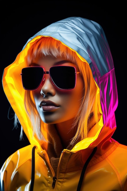 Retrato de neón de una mujer joven con gafas de sol redondas y sudadera con capucha