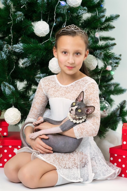 Retrato de niña de 9 años en vestido blanco sosteniendo Sphynx Hairless Cat se sienta cerca del árbol de Navidad