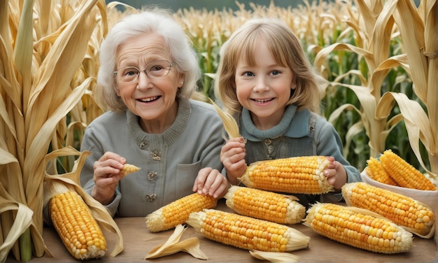 retrato de niña y abuela con mazorca de maíz en el campo de maízretrato de niña y gran