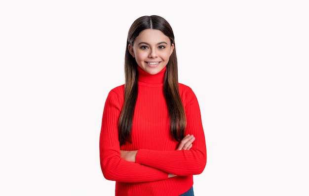 Retrato de niña adolescente feliz aislado sobre fondo blanco