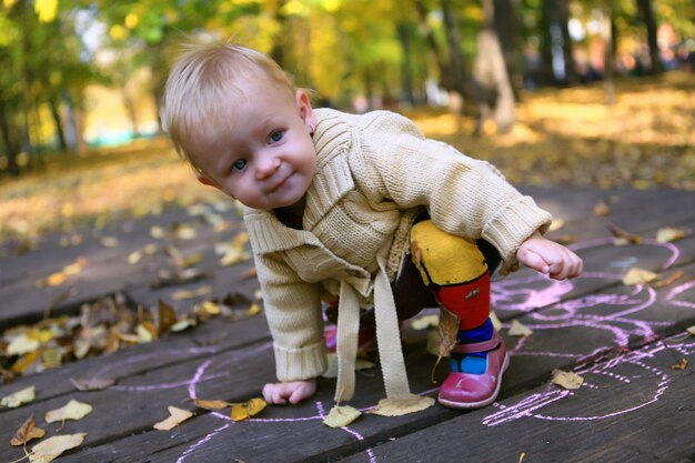 Retrato de niña adorable caminando solo en el parque otoño