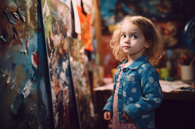 Retrato de una niña adorable de pie en un entorno creativo creado con IA generativa