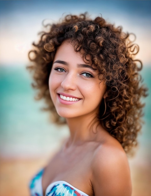 Retrato de niña adulta joven con pelo castaño rizado Foto Gratis