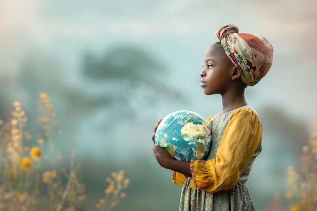 Retrato de una niña africana sosteniendo la tierra o el globo en el fondo de la naturaleza con un gran espacio para el texto un concepto de salvar la tierra IA generativa