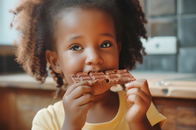 Retrato de una niña afroamericana comiendo una barra de chocolate