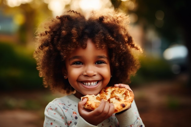 Retrato de una niña afroamericana sonriente comiendo pizza