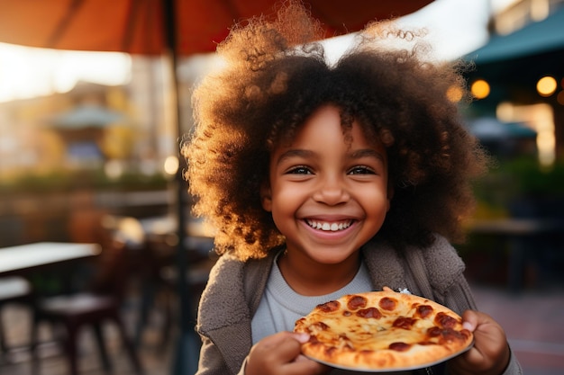Retrato de una niña afroamericana sonriente comiendo pizza