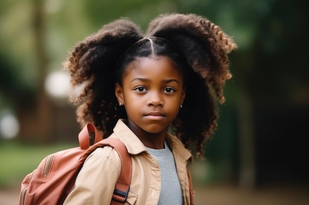 Retrato de una niña afroamericana sosteniendo un bolso escolar creado con IA generativa