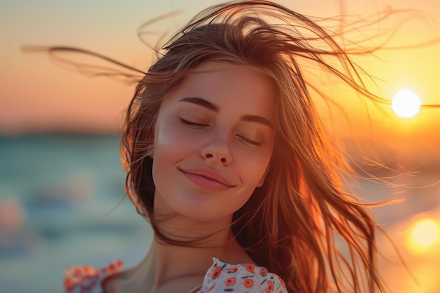 retrato de una niña al atardecer cerca del mar