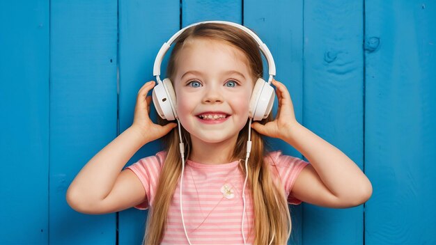 Retrato de una niña alegre con cabello largo y ojos azules en grandes auriculares escuchando