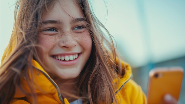 Retrato de una niña alegre con un impermeable amarillo usando un teléfono inteligente