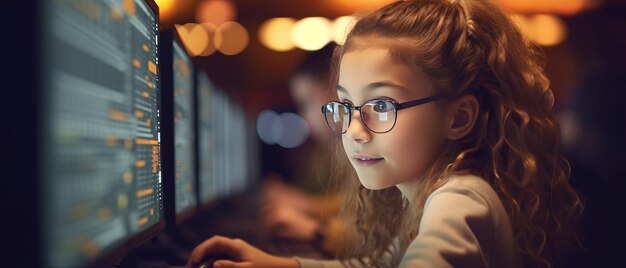 retrato niña aprende a codificar con suavemente borroso amigo en un laboratorio de computación