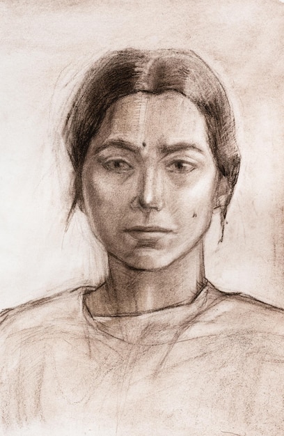 Foto retrato de una niña de asia central dibujado a mano en sepia