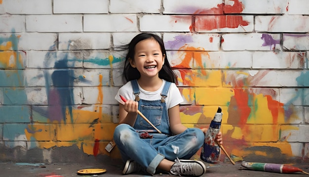 Retrato de una niña asiática feliz sentada junto a un graffiti