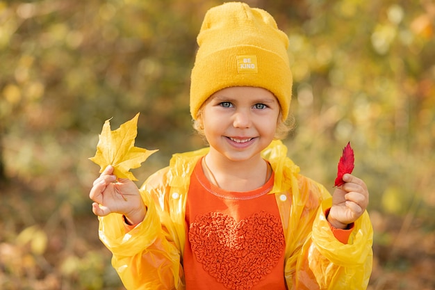 Retrato de niña bonita con ojos azules de 5 años con sombrero amarillo, hojas amarillas y rojas de árboles otoñales en la mano, en el parque, sonriendo, mirando a la cámara