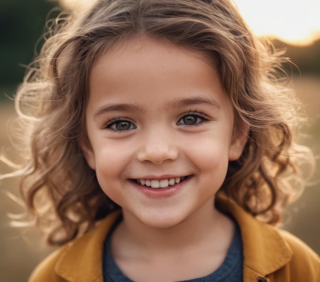 Retrato de una niña con el cabello rizado en una chaqueta amarilla Una niña feliz de pie en un campo