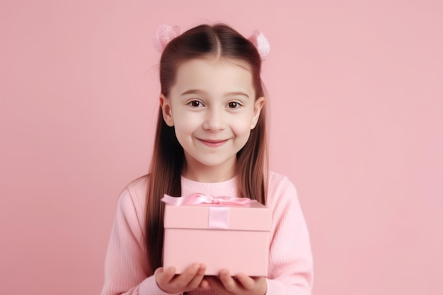 Retrato de una niña con una caja de regalos en un fondo rosa