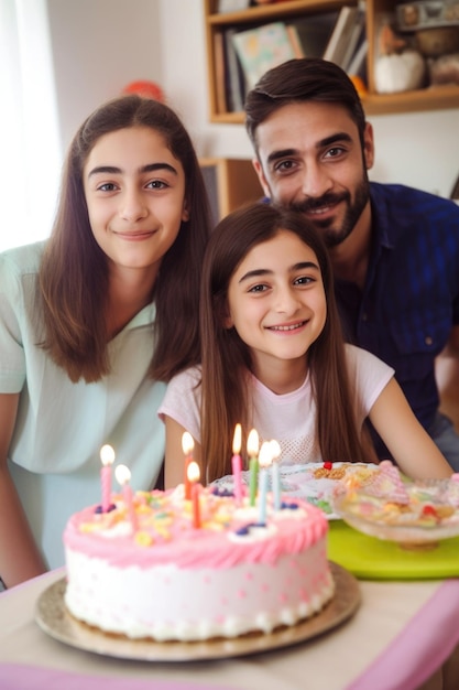 Retrato de una niña celebrando su cumpleaños con su familia en casa creado con ai generativo