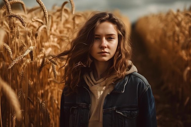 Retrato de una niña contra el fondo de espiguillas de trigo Red neuronal IA generada