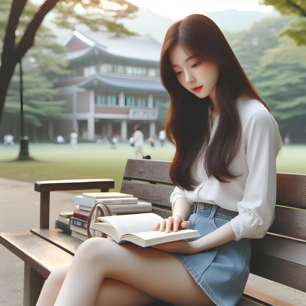 retrato de una niña coreana sentada en un banco del parque leyendo un libro