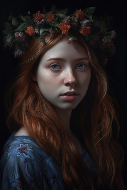 Un retrato de una niña con una corona de flores en la cabeza.
